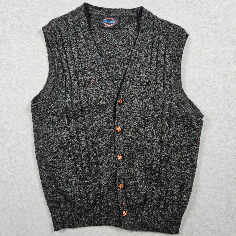 Jantzen Men's Medium Gray Sweater Vest Knit Wool Button Flecked Vintage USA Made